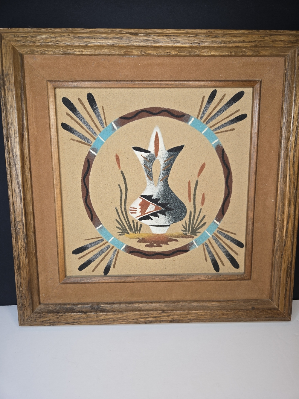 Navajo Southwestern Framed Sand Art Vase Motif - Turquoise, Brown, Black